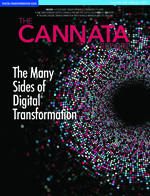The cover of The Cannata Report's February 2023 issue on digital transformation in office tech sector features a multi-colored big data visualization