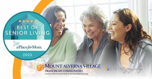 Photo of group of women talking and laughing with badge for Best of Senior Living Award on the side
