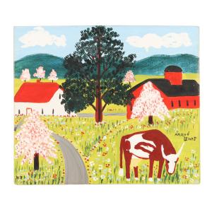 Vibrant oil on board painting by Maud Lewis (Canadian, 1903-1970), titled Spring Scene, a rare serial image and a perfectly balanced and brilliantly filled painting (CA$35,400).