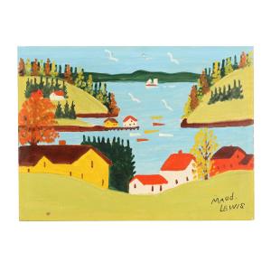 Circa 1965 oil on beaverboard painting by Maud Lewis (Canadian, 1903-1970), titled Sandy Cove Harbour Scene, a serial image featuring Sandy Cove along Digby Neck (CA$25,960).