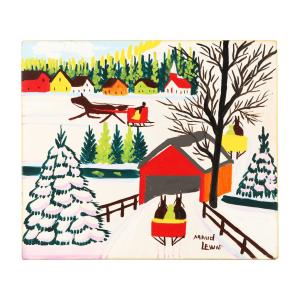 Late 1965 oil on beaverboard painting by Maud Lewis (Canadian, 1903-1970), titled Covered Bridge, rare in that the artist uses pink rather than blue for shadowing (CA$25,960).