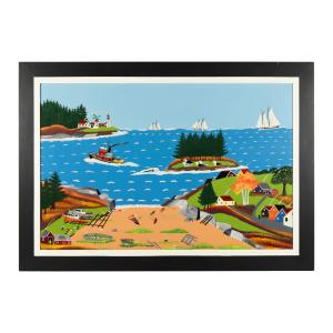 Powerful enamel on board composition by Joe Norris (Canadian, 1924-1996), titled Schooner Taking Shelter from the Storm, one of four works by Norris in the auction (CA$10,030).