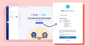 Screenshot of the Rise Journal Entry solution showing how it connects to Xero, on a pink background.