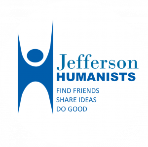 Jefferson Humanists Logo showing a Happy Humanist with tagline Find Friends, Share Ideas, Do Good