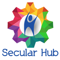 Secular Hub logo showing Happy Humanist circles by a multi-color gear image