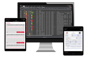 Desktop monitor and two mobile devices each showing RFO Central screens including a checklist on the mobile app