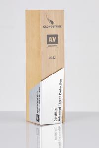Trophy with the inscription of CrowdStrike Certified Advanced Threat Protection 2022 and the logo of AV-Comparatives.