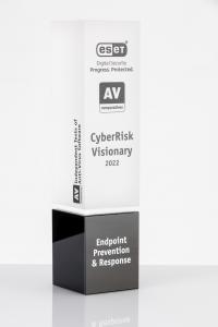 Trophy with the inscription of ESET CyberRisk Visionary Endpoint & Prevention Protection 2022 and the logo of AV-Comparatives.