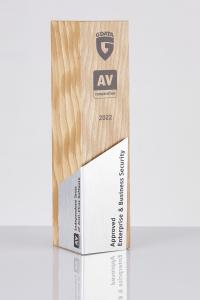 Trophy with the inscription of G Data Approved Enterprise & Business Security 2022 and the logo of AV-Comparatives.