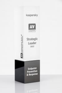 Trophy with the inscription of Kaspersky Stategic Leader Endpoint Prevention & Response 2022 and the logo of AV-Comparatives.