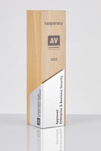 Trophy with the inscription of Kaspersky Approved Enterprise & Business Security 2022 and the logo of AV-Comparatives.