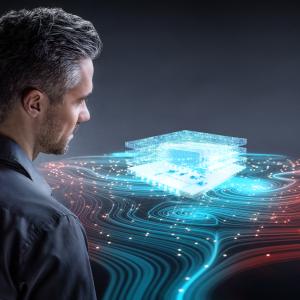 TGW Future Fulfillment Center key image: man looking into the future, highly automated warehouse in distance