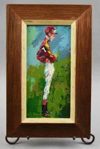 Original LeRoy Neiman jockey painting from 1965. The 11 inch by 17 inch (framed size) expressionist painting is artist signed. It should fetch $2,000-$20,000.