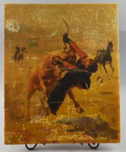 Wonderful painting from William Robinson Leigh (N.Y., 1866-1955), featuring a cowboy wrangling a steer, signed, unframed and 18 inches by 22 inches (est. $500-$10,000).