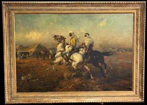 Wonderful, large-size oil on canvas painting by Alfred von Wierusz-Kowalkski (1849-1915), titled Bedouin Camp, 49 ½ inches by 28 inches (sight, less frame), signed lower left ($94,875).