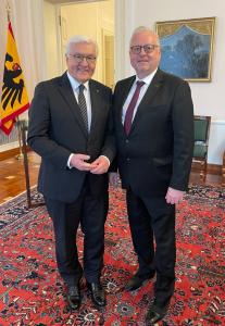 Germany's President Frank-Walter Steinmeier in conversation with Fred Stoof