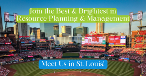 The Resource Planning Summit 2023 RPS Announcement St Louis MO. Image of baseball park highlighting the St. Louis arch in the background.