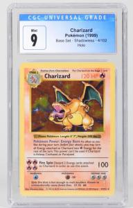 TCG (Trading Card Games) highlights include this 1999 Pokémon Base Shadowless Charizard holographic trading card graded CGC 9 Mint (est. $2,000-$3,000).