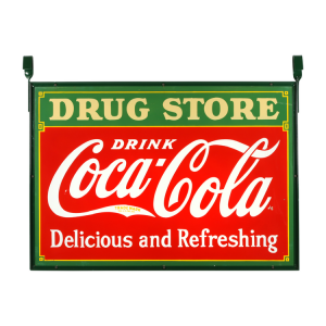 American Coca-Cola double-sided porcelain drug store sign, marked “Tenn Enamel Mfg. Nashville”/ “Made in U.S.A. 1933” lower left, 48 inches by 63 inches (est. CA$6,000-$9,000)