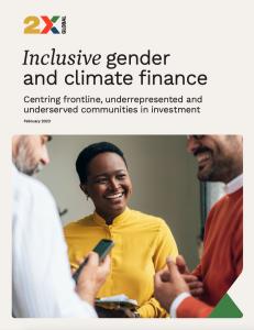 Image shows the front cover of a report, entitled Inclusive gender and climate finance: Centring frontline, underrepresented and underserved communities in investment