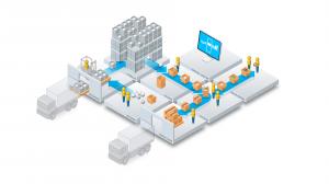 3D rendering of different areas of a distribution center and how staffing can be reallocated depending on current needs