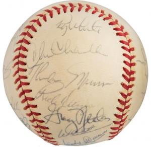 1975 New York Yankees team-signed baseball, signed by 26 members of the team, including a superb example of Thurman Munson, who later died piloting his airplane (est. $1,000-$1,200).
