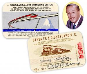 Colorful Walt Disney signed Santa Fe & Disneyland Railroad and monorail pass issued to New York City transit authority director Sidney H. Bingham, circa1959 (est. $8,000-$10,000).