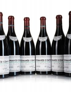 3 bottles each in a V-formation 2015 and 2019 DRC Romanee Conti red Burgundy 750ml wine bottles