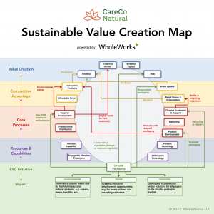 This image is a diagram which indicates how ESG initiatives and issues connect through business strategy, ultimately impacting ROI and impact environmentally, socially, and economically.