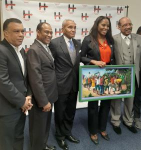 Pictured from left to right: Former Haitian Senator Steven Benoit, Captain, Dr. Charles Stuppard, US Navy (ret.), Major General Arnold Fields USMC (ret.), Congresswoman Stacey E. Plaskett, US Virgin Islands, Col. Joseph Baptiste US Army, (Ret.) DDS, MAGD,