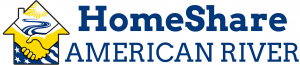 The words HomeShare American River form a banner across the page. To their left is the logo containing outline of a house with two yellow hands clasping as if making a deal. A blue river that also resembles the American flag is shown in the background.