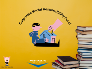 Orange background with books in the bottom right corner with a child holding a school in the center being filled with money. Youthful Savings and Virtual Q Logos are on the bottom right.