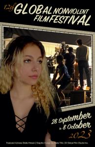 Global Nonviolent Film Festival official poster ©2023 - Features actress Stella Hinsen, Graphic design by Daria Trifu