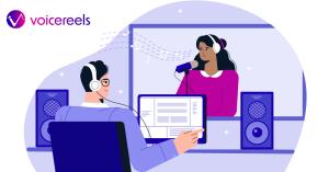 An illustration of a black actor with headphones on in a recording studio booth performing and a caucasian engineer producing the voice reel demo.