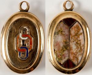 1 ¼-inch gold in quartz oval pendant that would open to two small photos ($812.50). No photos were present, but this appeared to have been for small tin-type photos from around 1860-1865.