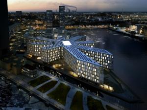 A picture of 3XN-designed UN City in Copenhagen, Denmark.