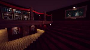 A view of a two-storey art gallery taken from midway up a flight of stairs. The walls are deep red and display various single-word plaques. A large painting of two female identical twin tennis players can be seen at the top of the stairs. Several smaller