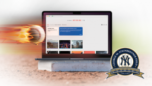 a flaming baseball passes a laptop on a baseball homeplate, with AnyDesk software on the screen