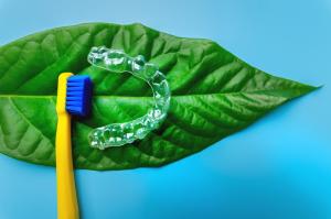 invisalign and toothbrush lying on mint leaf