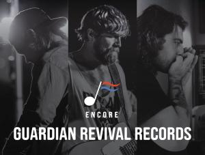 Black and white image of three musicians playing instruments, with Encore music logo and Guardian Revival Records text overlaid