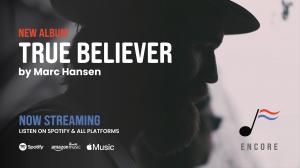 Graphic announcement of Marc Hansen album on black & white photo of man's silhouette