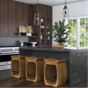 A rendering of a large, upscale, modern kitchen, viewed at an angled perspective. To the left, a double-wide stainless steel oven & stovetop with black marble backsplash. Dark wood paneling fills the rest of the wall, with cabinets, dishes, and cutting bo