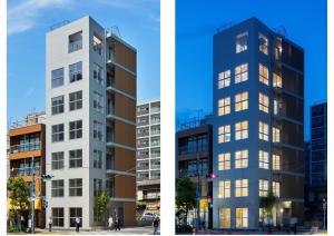 Exterior View (daytime & nighttime): The design of the grid windows and sashes is derived from Kouraiya latticework, one of the most iconic Japanese latticework styles.