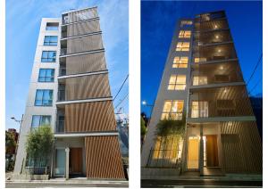 Front Facade (daytime & nighttime): The wooden louver recalls the original landscape of the project site "KIBA", when lumber still leaned vertically against the entrance of a retail shop.