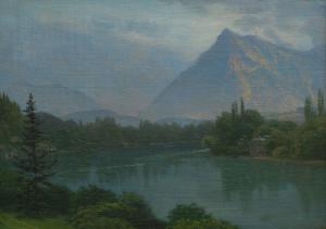 Oil on paper by Albert Bierstadt (American, 1830-1902), titled A View of the High Sierras, 13 5/16 inches by 18 5/8 inches – est. $20,000-$40,000.