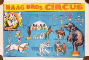 Haag Bros. circus advertising poster with vibrant colors, paper on canvas, 29 inches by 44 inches, date unknown, printed by the Milwaukee-Riverside Print Co. #3272 (est. $400-$800).