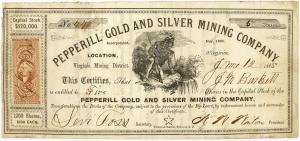 Pepperill Gold & Silver Mining Company (Virginia City, Nev.) stock certificate, issued in May 1863 to J. M. Bell for five shares, signed by N. W. Winton as company president, who was elected the first president of Virginia City when it was incorporated in