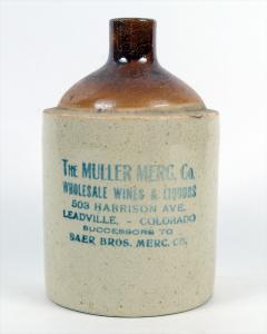 Two-tone jug for Muller Merc Co. (“Wholesale Wines & Liquors / 503 Harrison Ave. / Leadville, Colorado”), 9 inches tall (est. $500-$900).