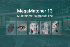 Text says MegaMatcher 13 multibiometric product line. Multiple smaller images show biometric identification with fingerprint, iris, face, palmprint and voiceprint images.