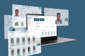 MegaMatcher Identity Registration System images shown on a laptop computer with images of a woman and her fingerprints and the text “Find person” and “Reprint card.”